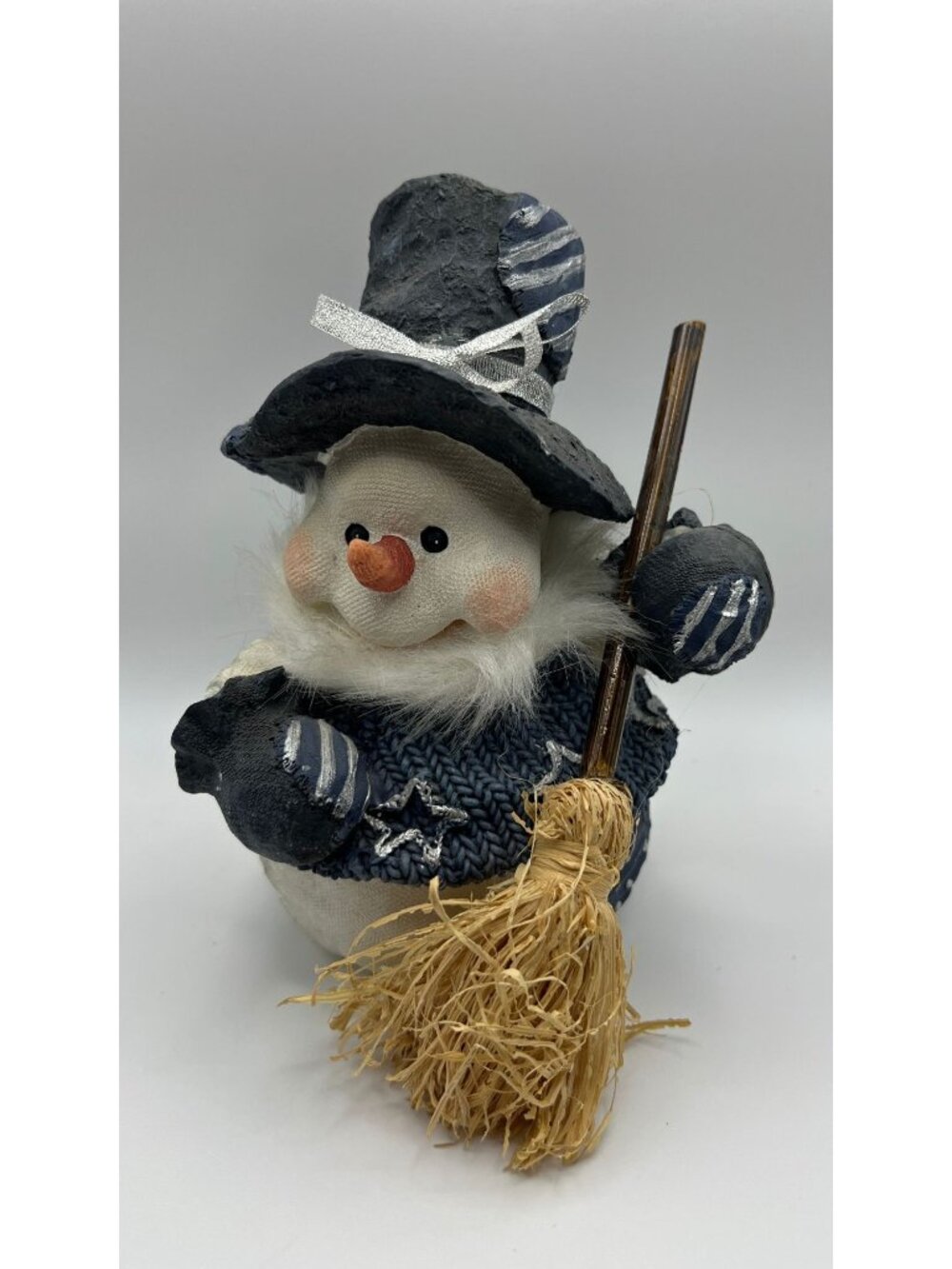 Snowman Figurine With Navy Hat Silver Accents Rustic Winter Decor